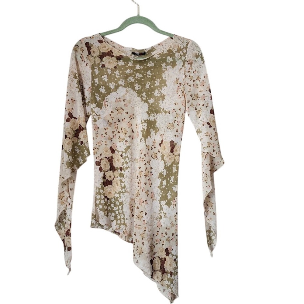 One Heart Y2K Asymmetrical Floral Sheer Top Whimsigoth Fairycore‎ split sleeve